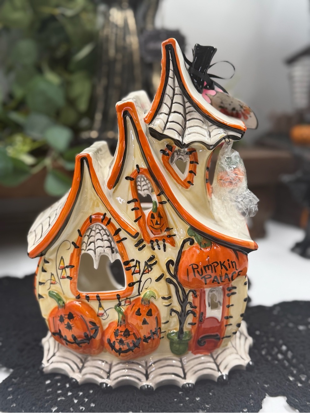 blue sky clayworks pumpkin palace halloween tealight candle house htf